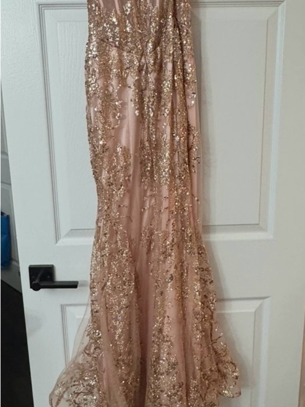Rose Gold Sequin Prom Gown with Sheer Overlay